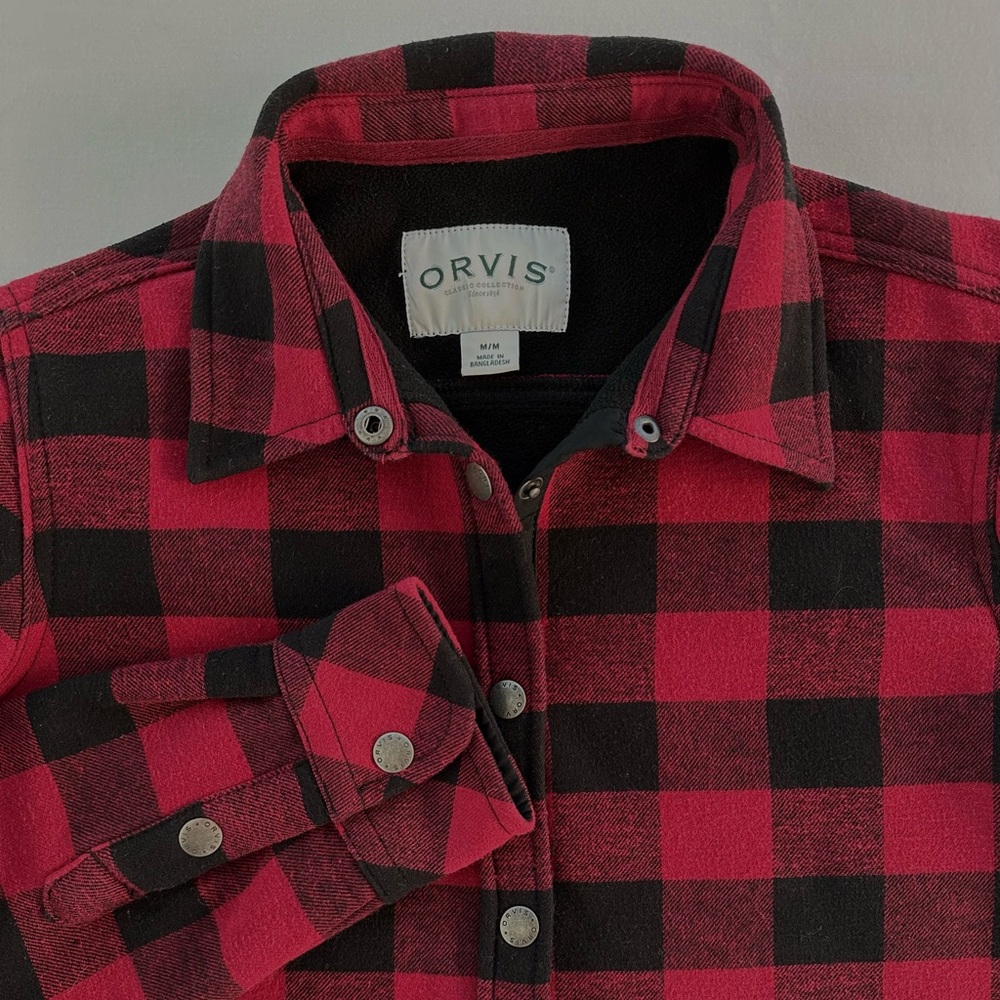 Orvis‎ Women's M  Fleece Lined Buffalo Plaid Flannel Snap Shirt Jacket Red Black